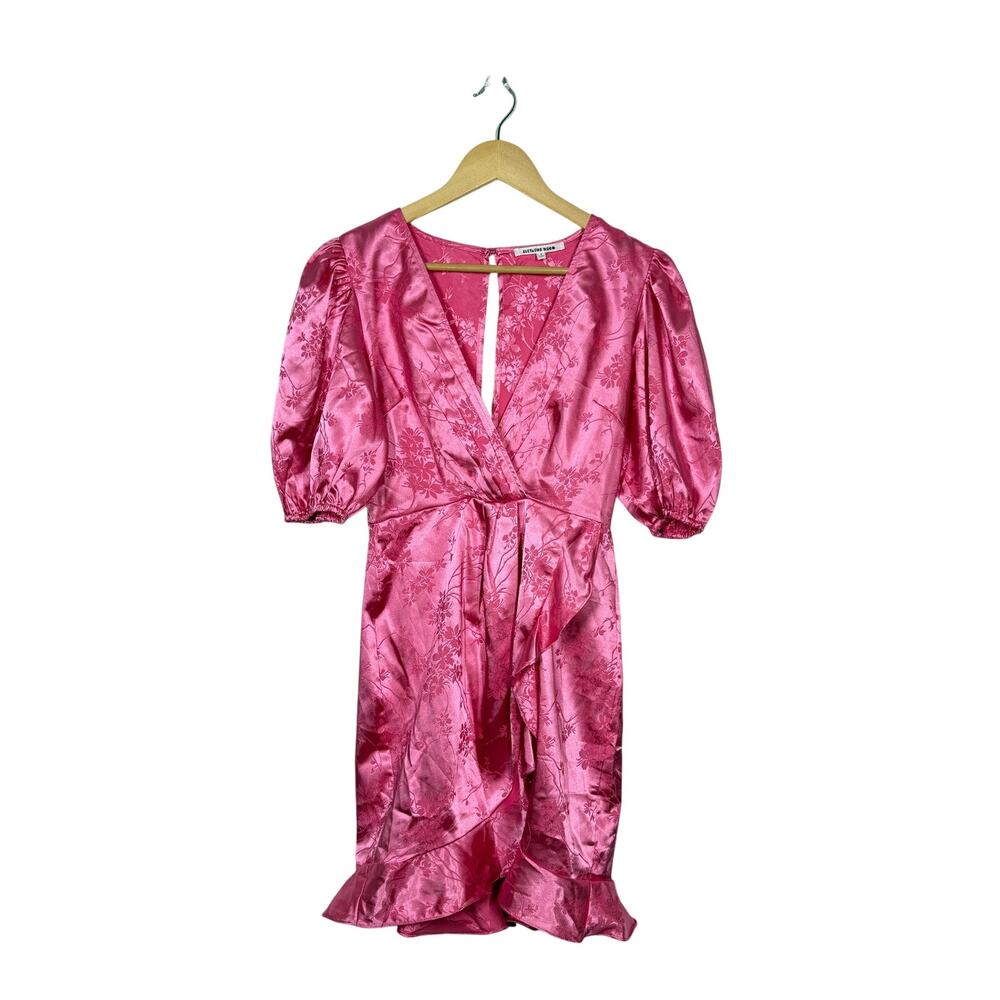 Elevator Disco Mini Dress Womens Size Small Pink Floral Surplice Neck Ruffle Hem